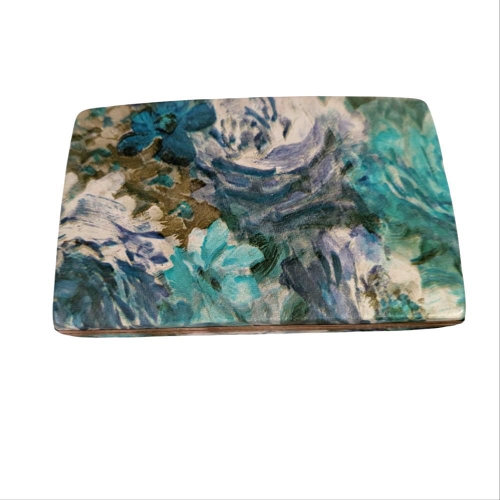 Vintage MCM Blue Green Floral Travel Jewelry Box Clamshell